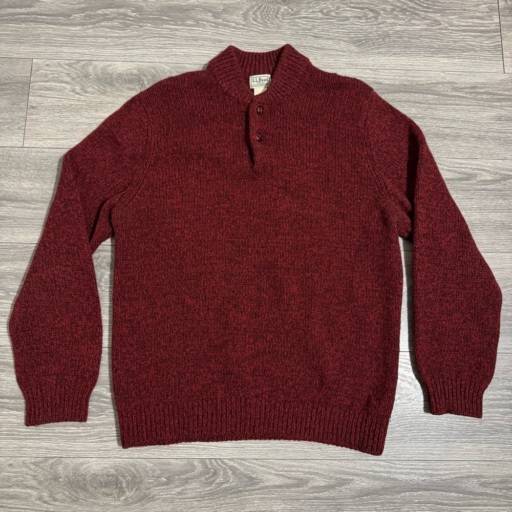 LL Bean Lambs Wool Sweater Men XL Burgundy Pull Over Buttons High Neck Knitted